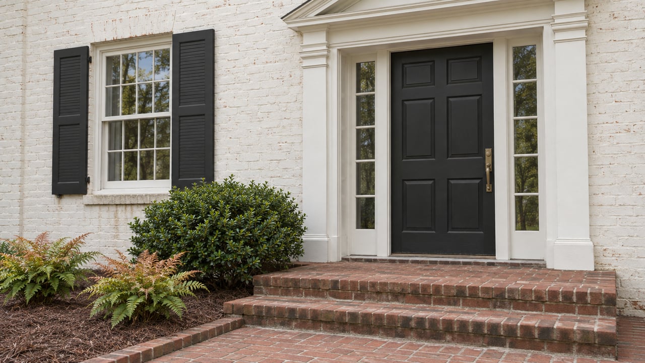 Close view of a white-painted brick home's dark front door, paired sidelights, shuttered window and worn brick steps beside inkberry and autumn ferns.