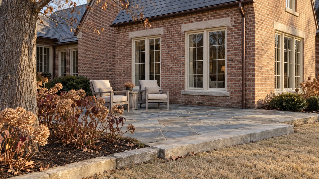 Brick home with tall cream-framed windows, a flagstone terrace, weathered teak chairs, and winter oakleaf hydrangeas.