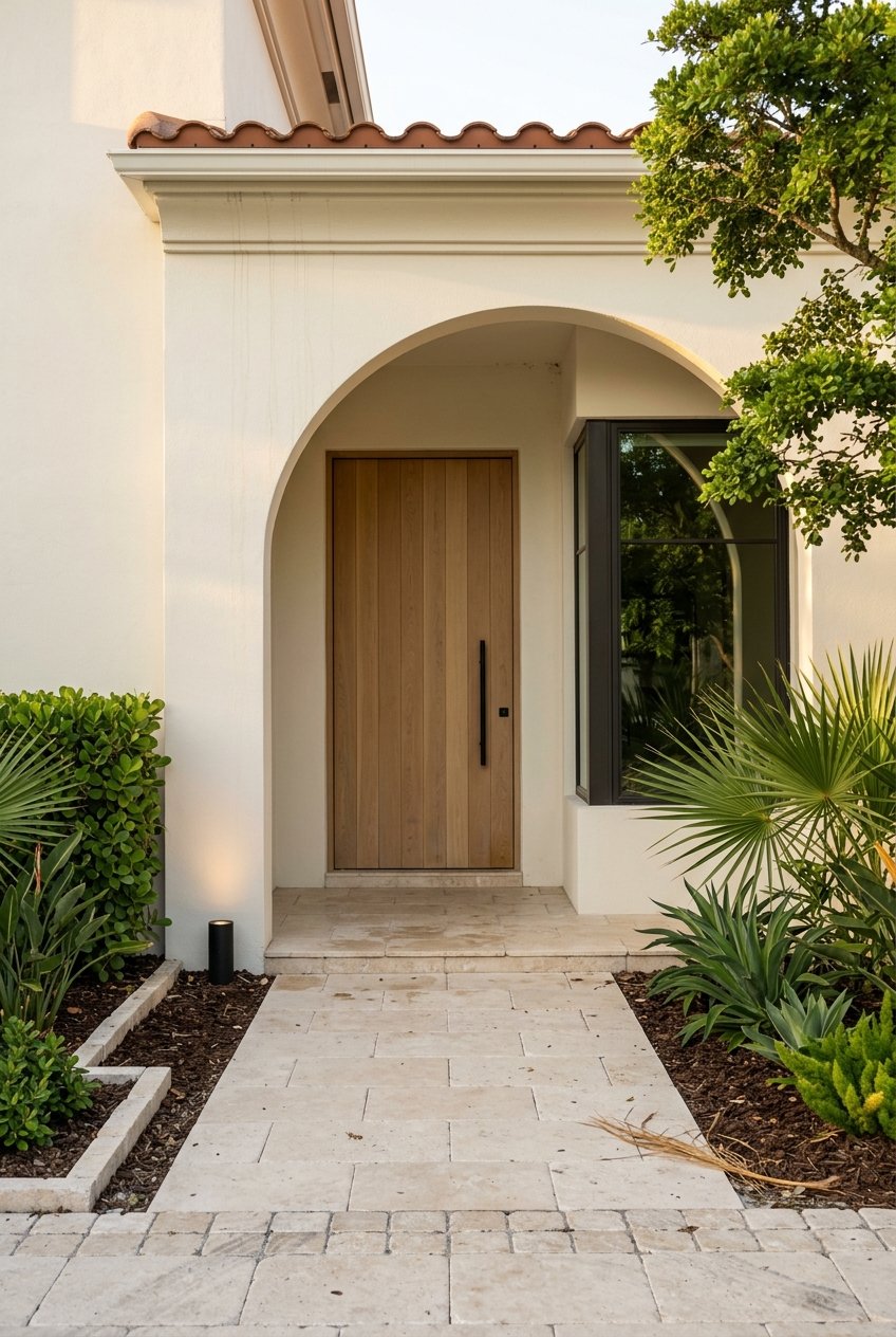 Arched loggia entry with warm stucco, terracotta eave, modern pivot door, and tropical plants.