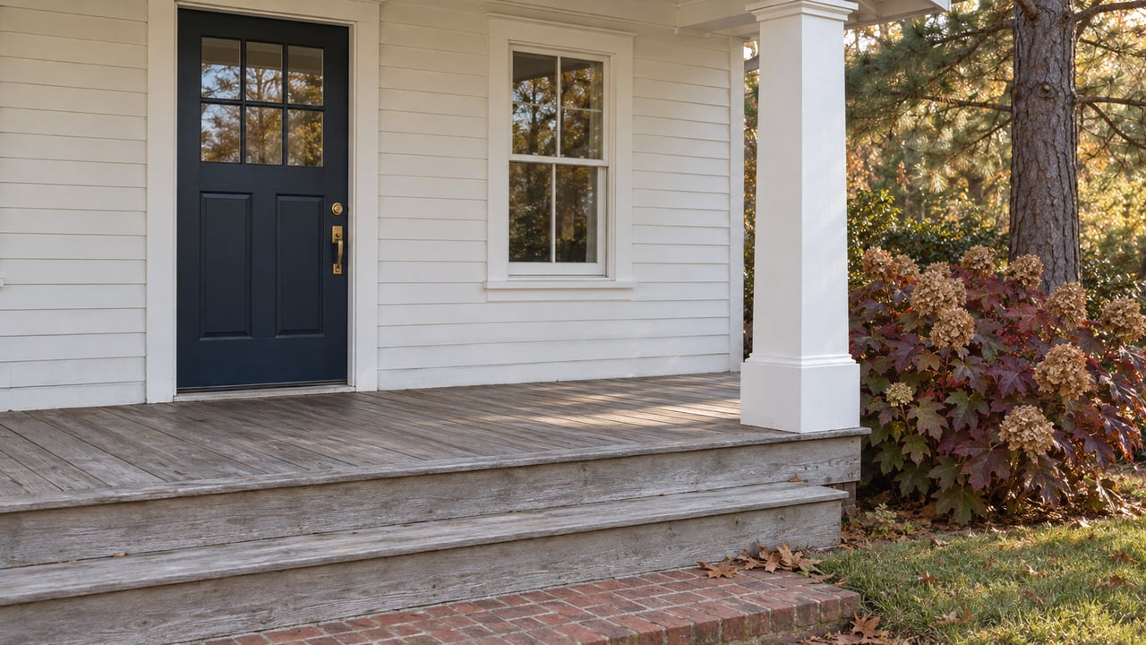 White clapboard home with a navy glazed door, weathered wooden porch, brick landing and burgundy oakleaf hydrangea foliage.