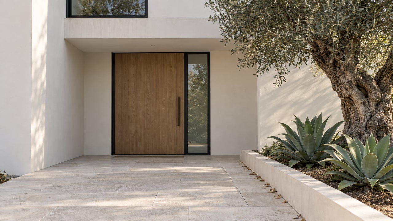 Recessed home entry with a warm wood door, limestone approach, olive tree, and two agave rosettes.