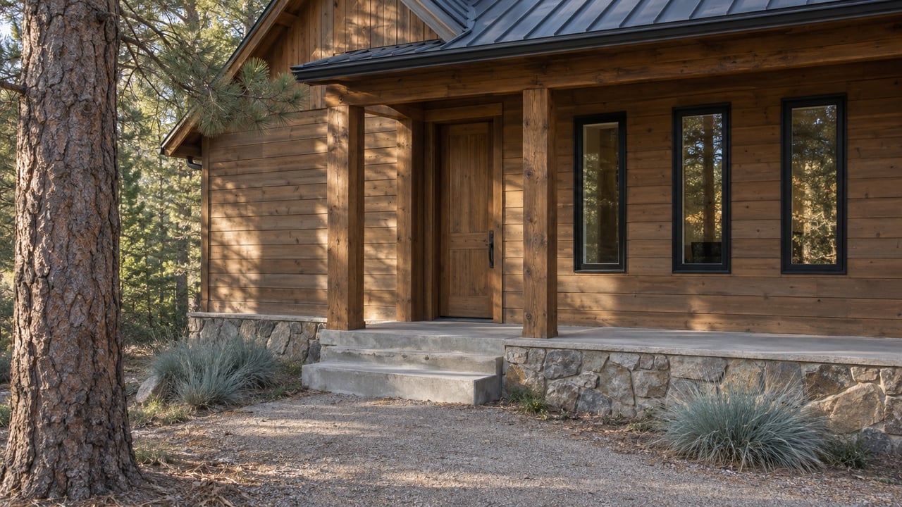 Timber-sided house entry with concrete steps, fieldstone foundation, and a pine trunk beside the gravel approach.
