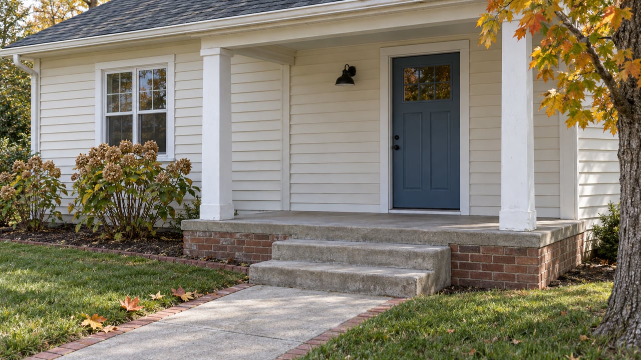 Cream-sided cottage entry with a blue door, weathered brick foundation, concrete steps and amber maple leaves in soft autumn daylight.