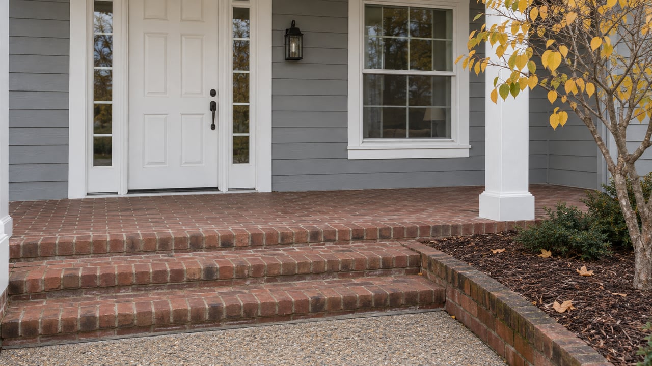 Gray clapboard home with a white paneled front door, brick porch steps and yellow redbud leaves.