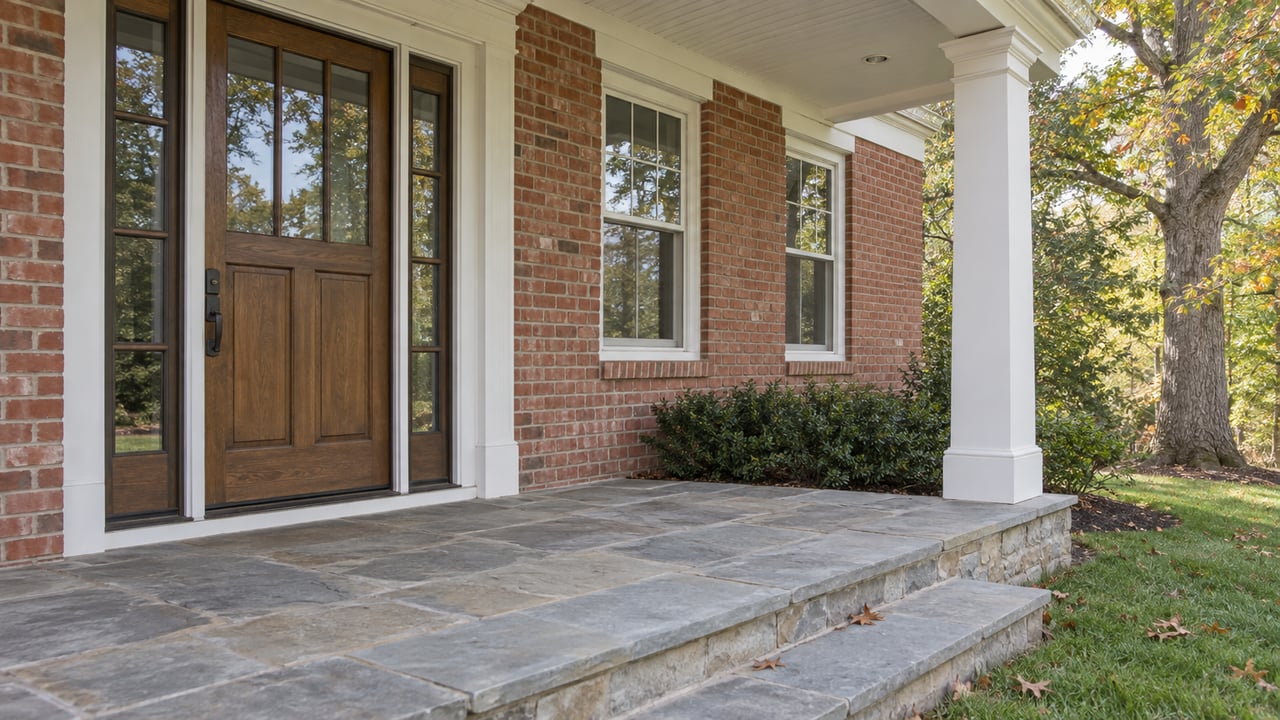Brick house entry with a glazed wood door, white-trimmed windows, flagstone steps, and oak branches at the edge.