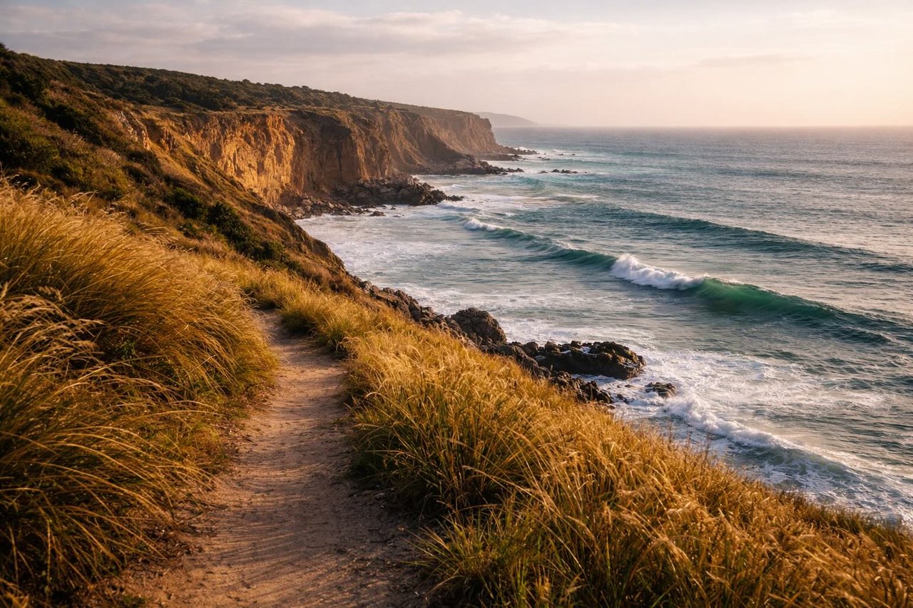 Coastal cliffs with tall grass overlooking the ocean