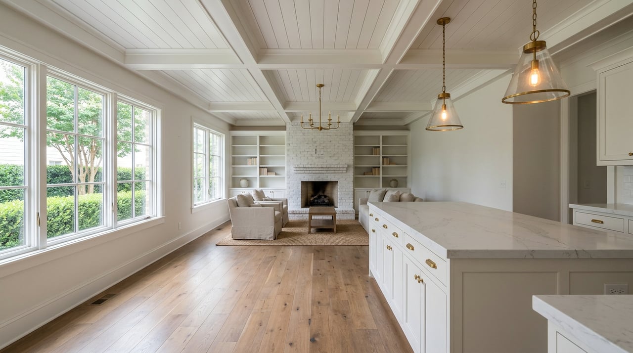 Open-concept great room with a quartz island, white-brick fireplace, built-in bookcases, and coffered ceiling.