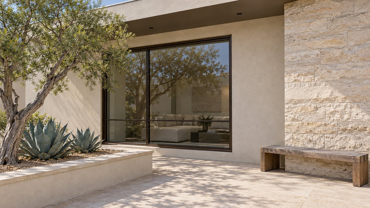 Sunlit ivory stucco home with bronze-framed glass, a limestone terrace, and a sculptural ironwood tree beside two agaves.