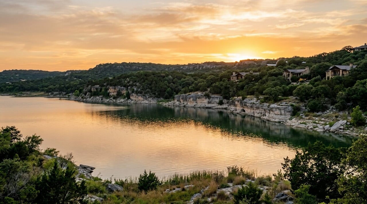 Limestone bluffs and Hill Country lake at sunset, the landscape around Cedar Park, TX