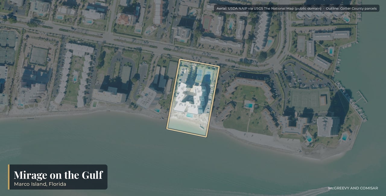 Aerial view of Mirage on the Gulf on Marco Island, Florida, the 2001 condominium at 1070 South Collier Boulevard at the south end of the gulf-front corridor
