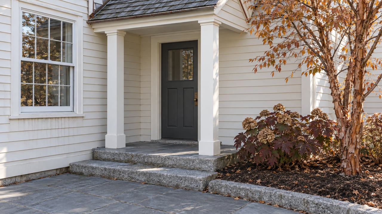 Sunlit clapboard home entrance with granite steps, a charcoal door, and copper-colored autumn foliage.