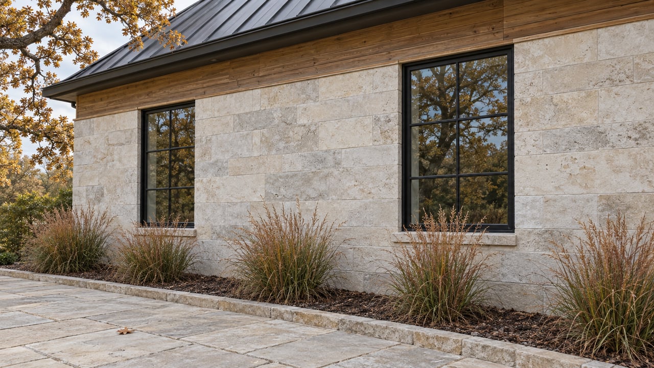 Pale limestone house wall with two black grid windows beside a paver path and copper-gold oak leaves.