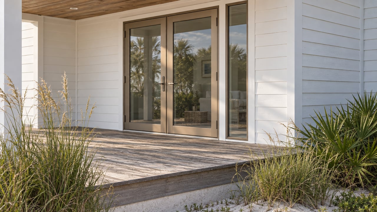 Raised coastal home’s glazed bronze-framed porch doors above weathered decking and clumps of beach grass.
