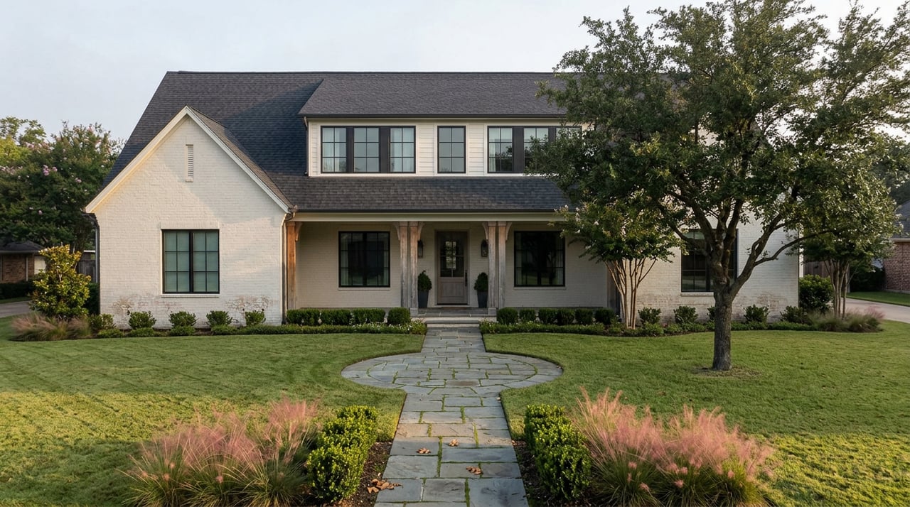 Two-story off-white brick home with a covered timber porch, bluestone walkway, broad lawn, and spreading live oak.
