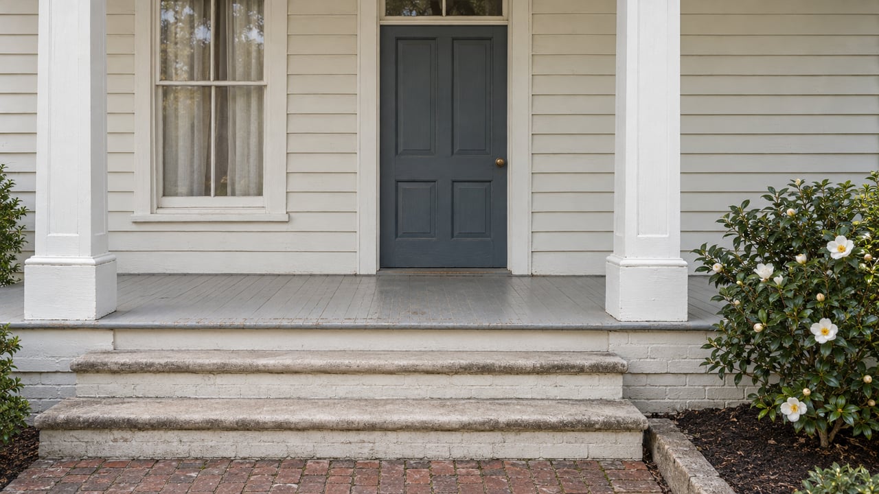 Raised cottage porch with ivory clapboard, a slate-blue door, worn limestone steps and a white-flowering camellia.