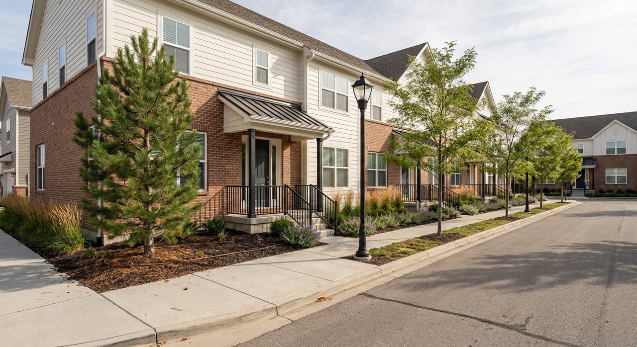 Modern farmhouse townhomes with landscaped sidewalks, a streetlight, and a tree-lined street ending at another building.