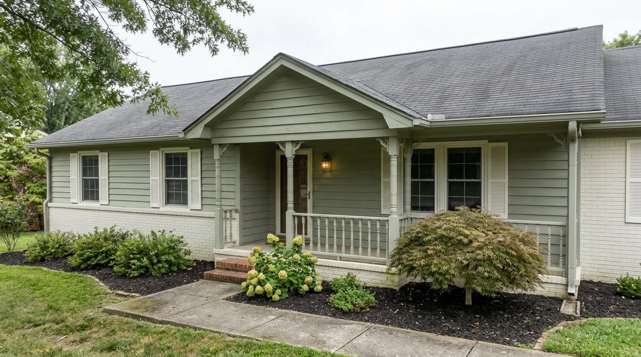 Sage-green bungalow with a white-painted brick base, covered porch, and concrete walkway bordered by shrubs and a Japanese maple.