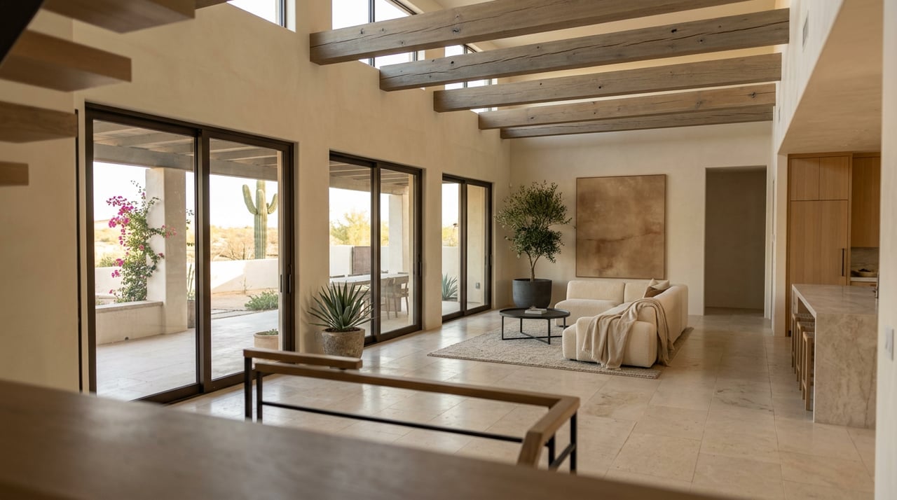 Double-height great room with exposed oak beams, cream sectional, limestone floors, and glass doors opening to a patio.