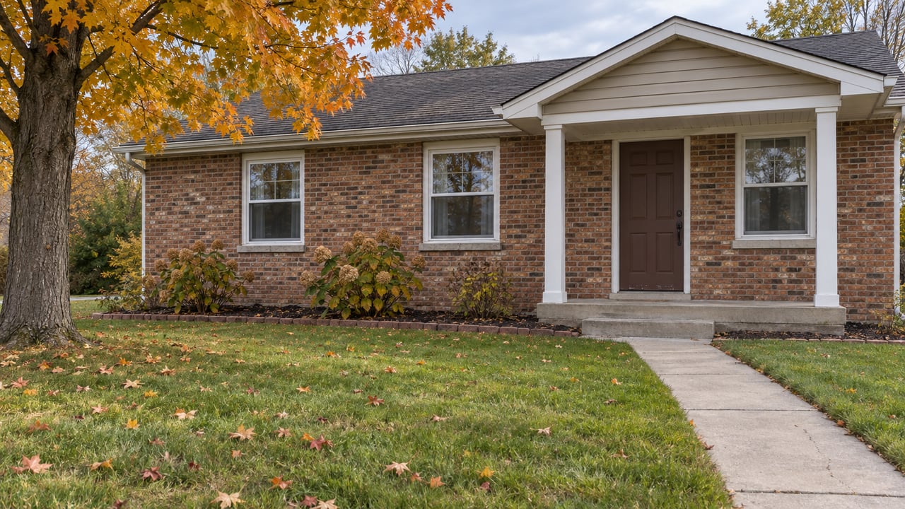 Brick single-story home with a small covered porch, a deep autumn lawn and a yellow-orange maple canopy.