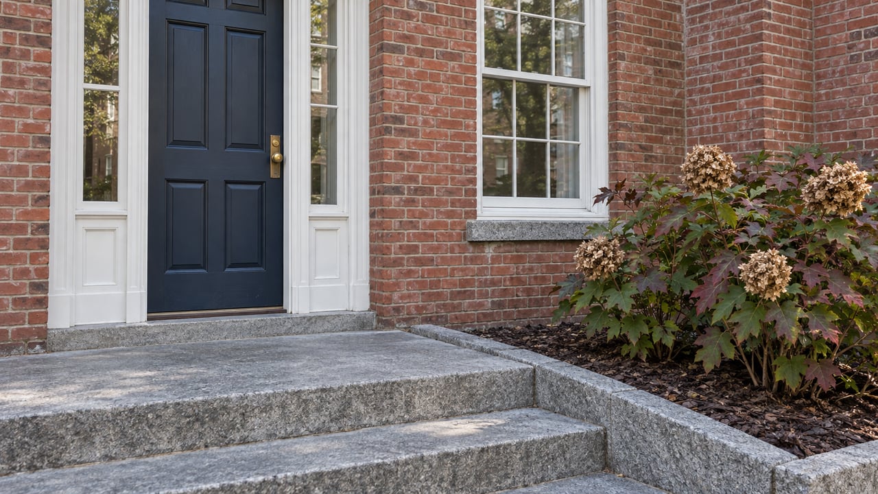 Navy entry door with matching white sidelights beside a sash window in a weathered brick residence, with granite steps and oakleaf hydrangea.