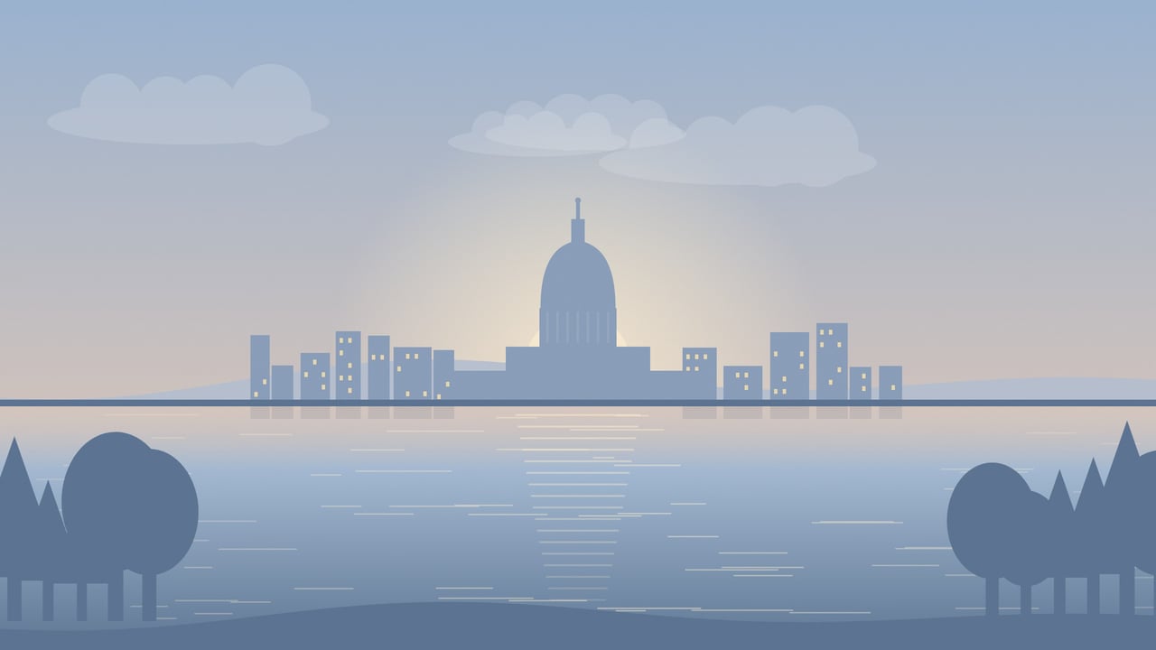 Illustration of the Madison skyline and Wisconsin State Capitol at dawn, seen across the lake with trees in the foreground