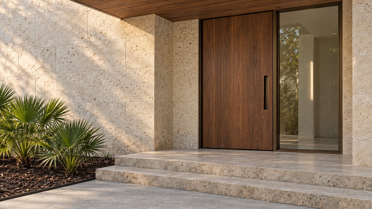Limestone and walnut residential entry under a wood-lined canopy, with bronze-framed glass and three dwarf palmettos beside broad stone steps.