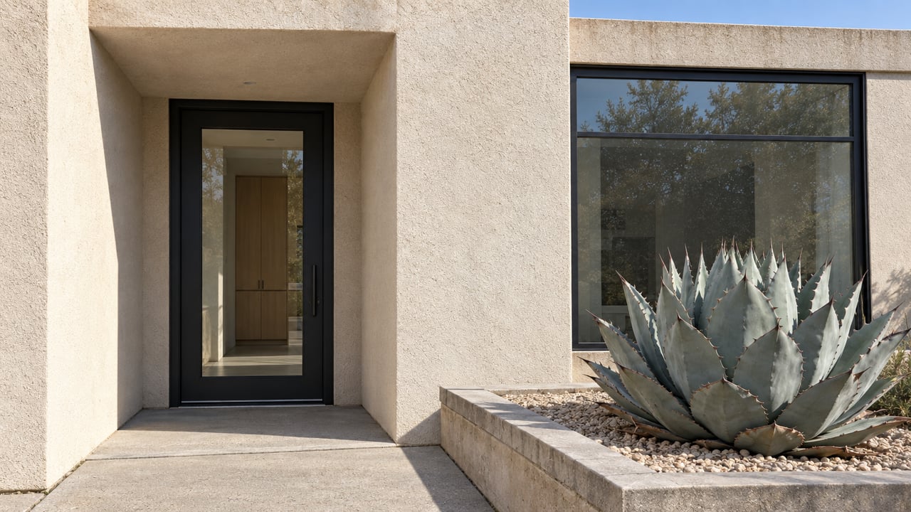 Warm stucco condominium entry with black-framed glazing, concrete paving, and a blue-gray agave in a raised masonry bed.