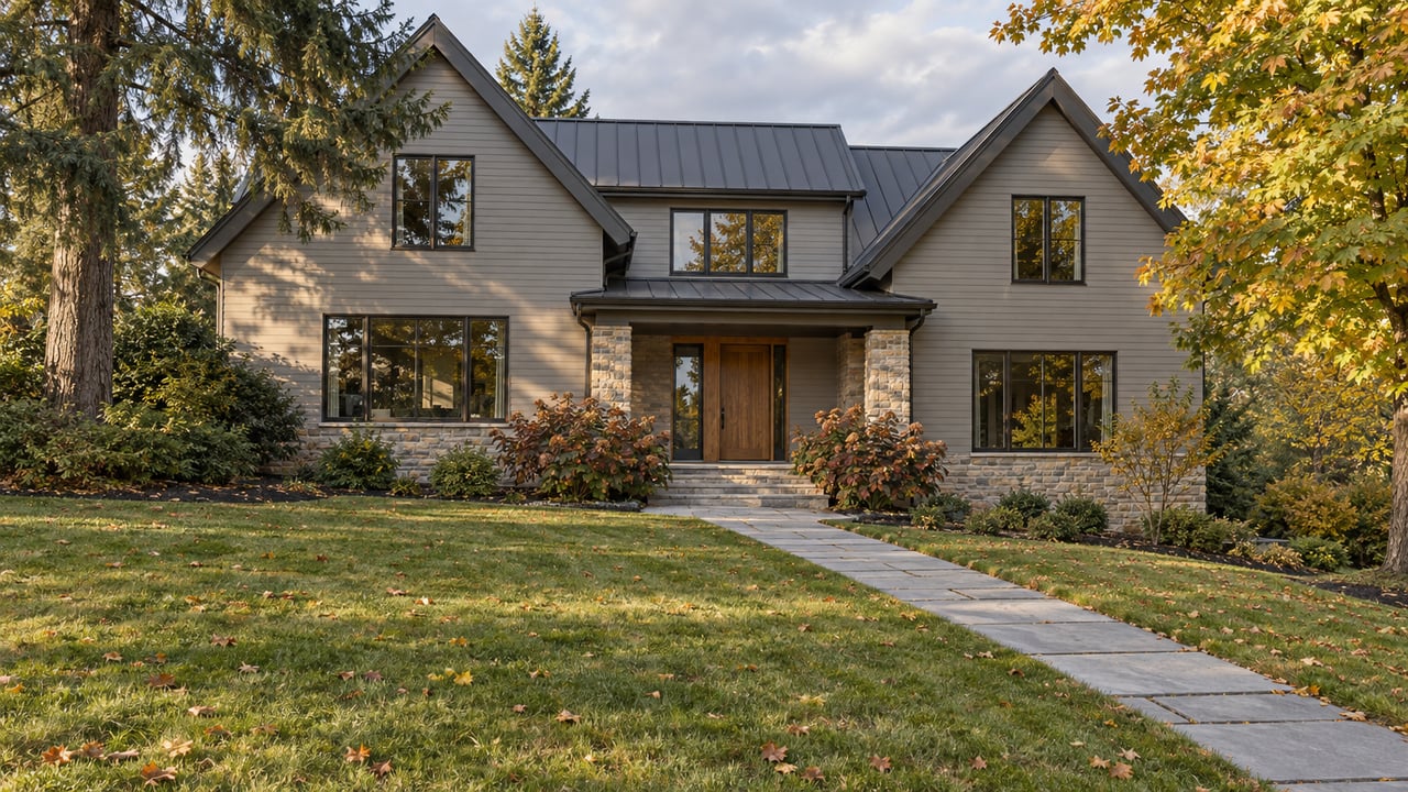 Gabled home with gray cedar siding, pale stone porch and dark windows beyond a broad lawn and basalt walk, framed by mature trees with autumn foliage.