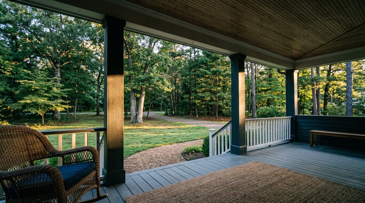 Covered porch with painted columns overlooking a wooded front yard and sunlit lawn.