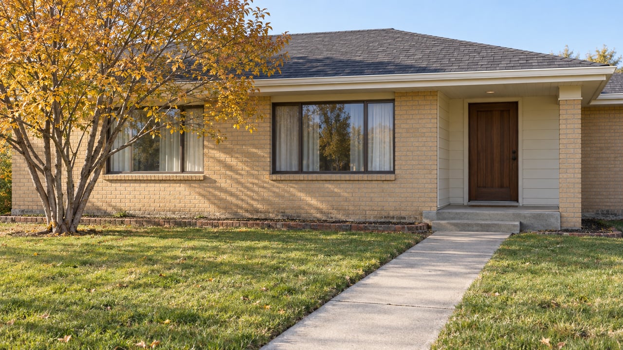 A single-story buff-brick and ivory-sided home beyond a deep lawn, with an autumn serviceberry tree and concrete entry walk.