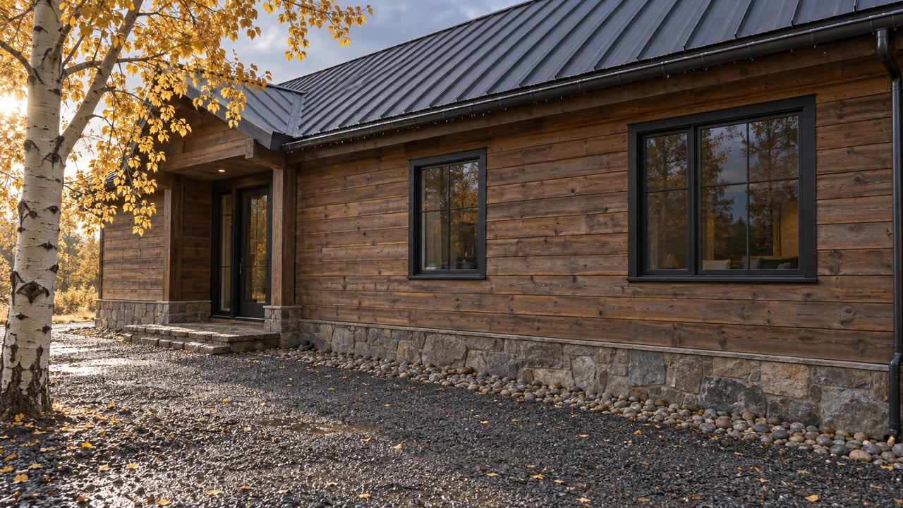Timber farmhouse with a recessed glazed entry, dark-framed windows, and a golden-leaved aspen beside the gravel approach.