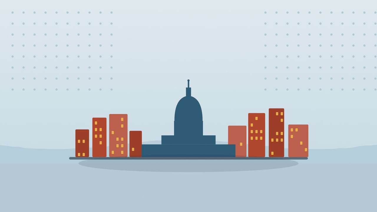 Illustration of the Wisconsin State Capitol dome between red city buildings, set against soft blue hills and a dotted pale blue sky