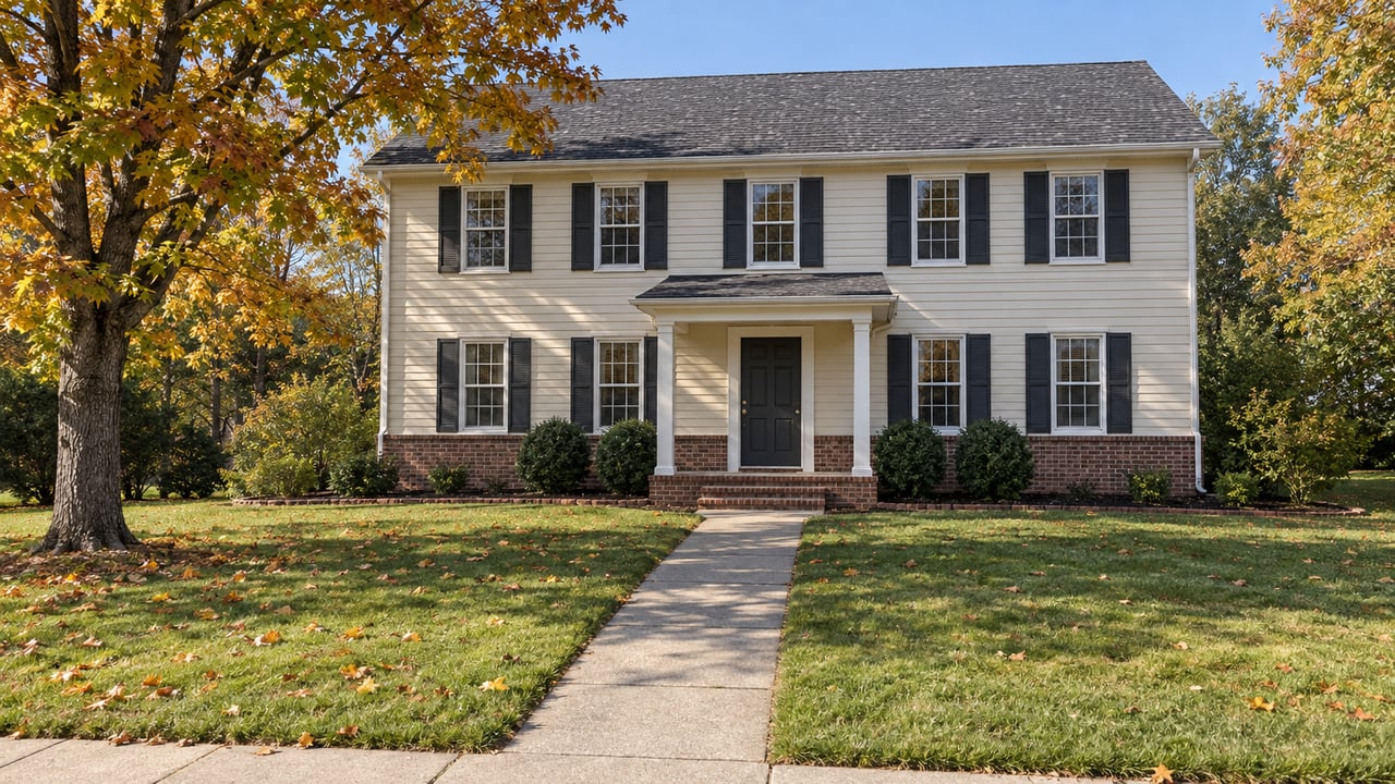 Cream-sided two-story traditional home with charcoal shutters, a brick entry and a deep lawn beneath an amber-leaved maple.