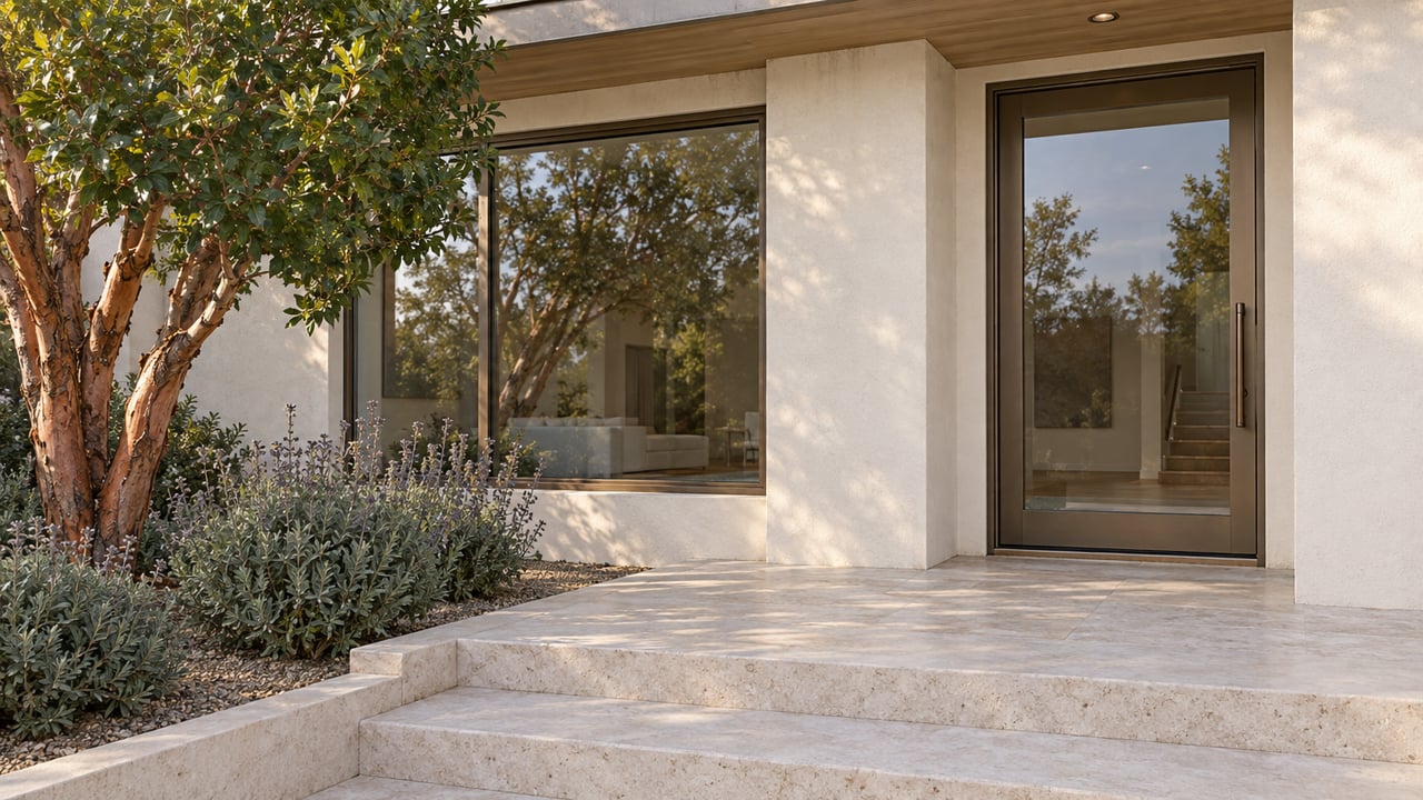 Cream stucco home with bronze-framed glazing, pale limestone entry steps and a sculptural strawberry tree.