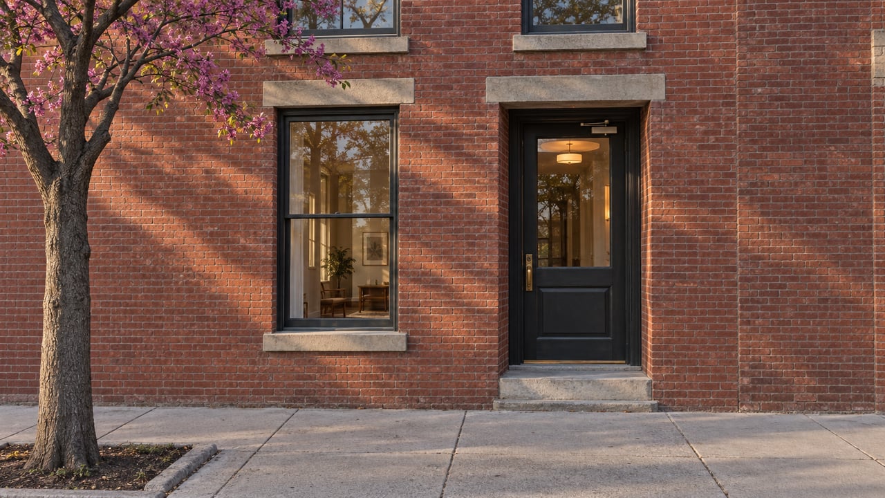Recessed glazed doorway and tall sash window in a red-brick condominium, beside a tree-lined sidewalk.