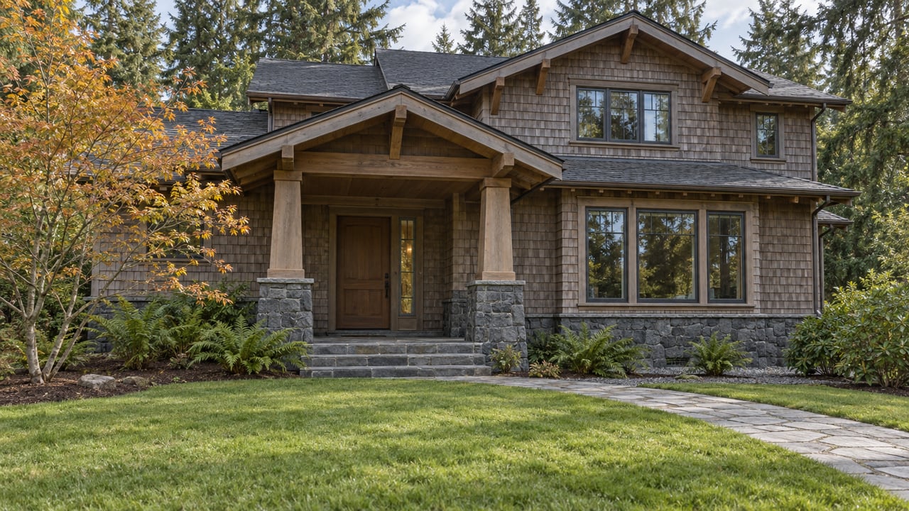Cedar-shingled home with a sheltered timber porch, basalt column bases and a stone approach across a deep lawn beneath mature evergreens.