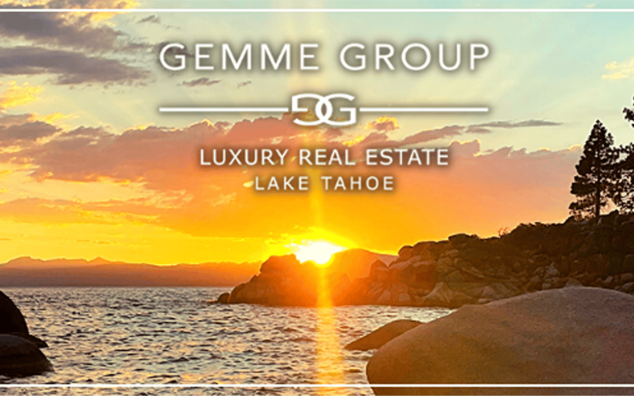 Sunset over Lake Tahoe, with golden light on the water and Gemme Group branding above.