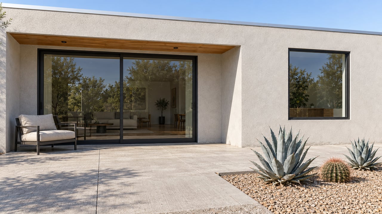 Sunlit rear terrace of a single-story stucco home with closed dark-framed glass doors, a wood-lined recess, and agaves in a gravel bed.
