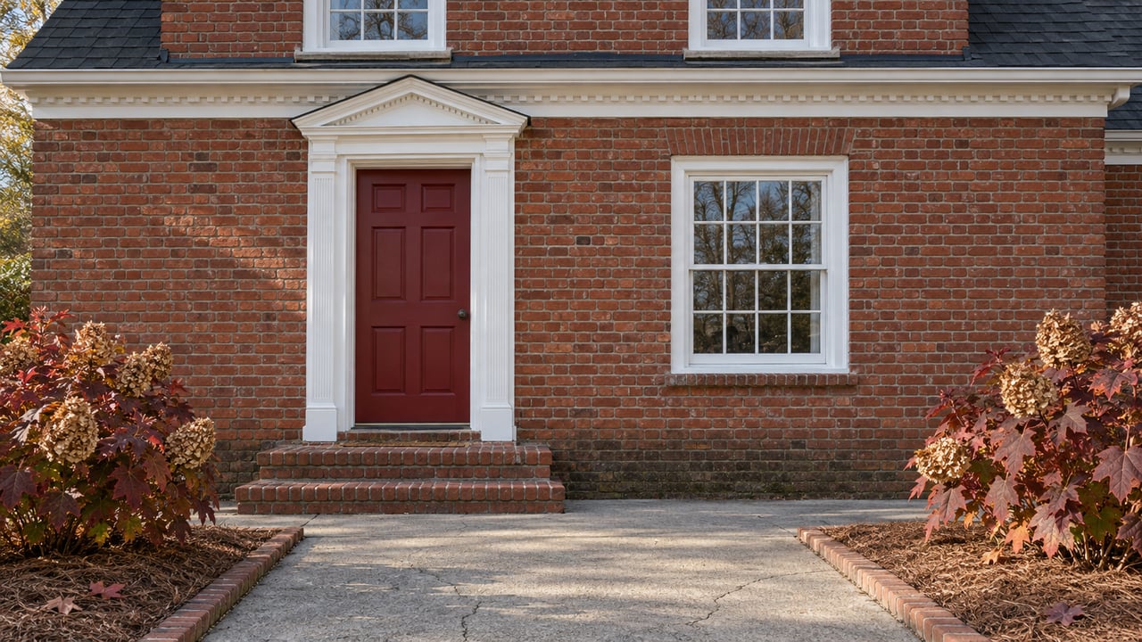 Red brick house with a deep-red front door, white pediment surround, brick steps, and burgundy oakleaf hydrangeas in autumn afternoon light.