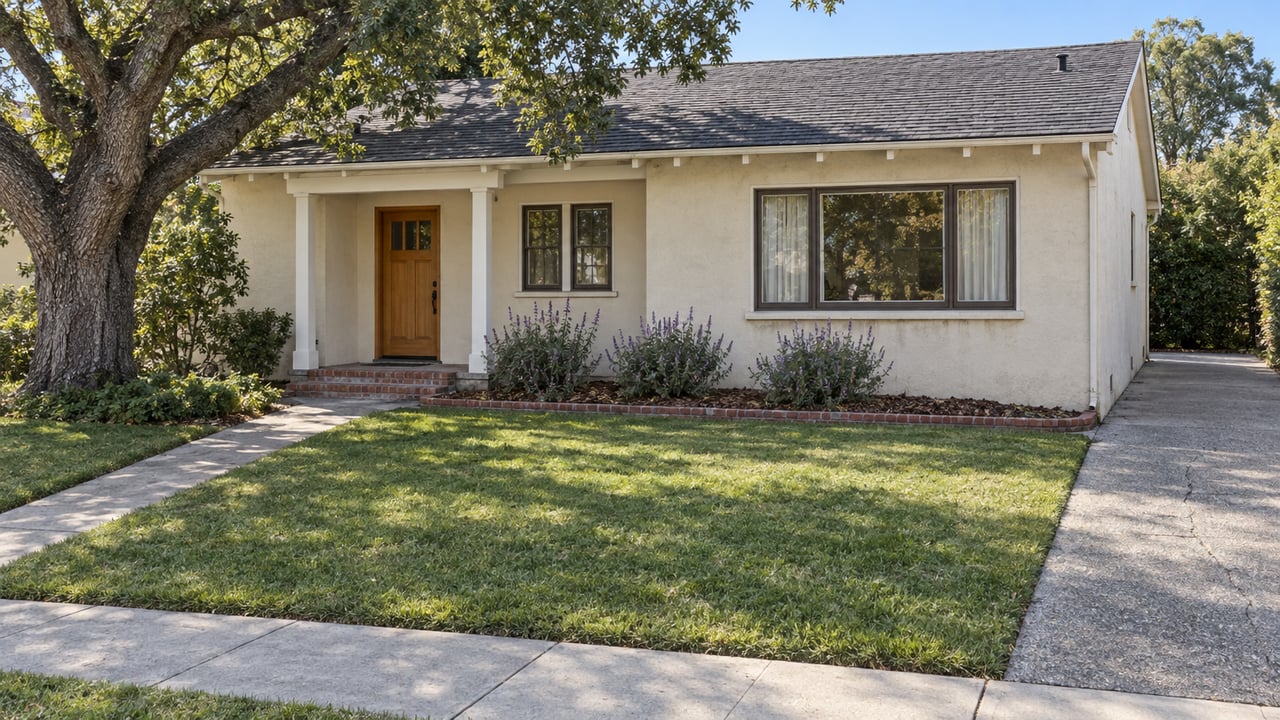 Ivory stucco single-story home with a recessed timber entry, brick steps, a deep lawn and a mature oak in bright afternoon light.