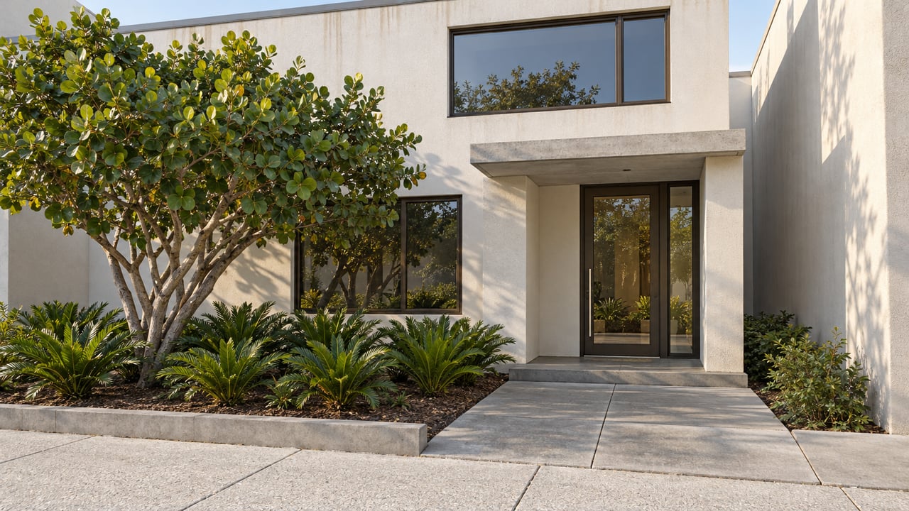 White stucco townhome with bronze-framed windows, a recessed glazed entry and sculptural sea grape planting beside a concrete approach.