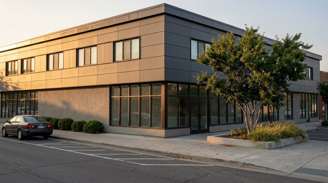 Corner building with glazed storefronts, charcoal panel upper floor, and a mature tree in a raised sidewalk planter.