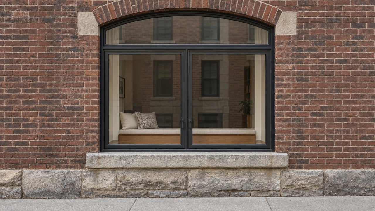 A restored dark-framed residential window set into weathered red brick above a limestone foundation and sidewalk.