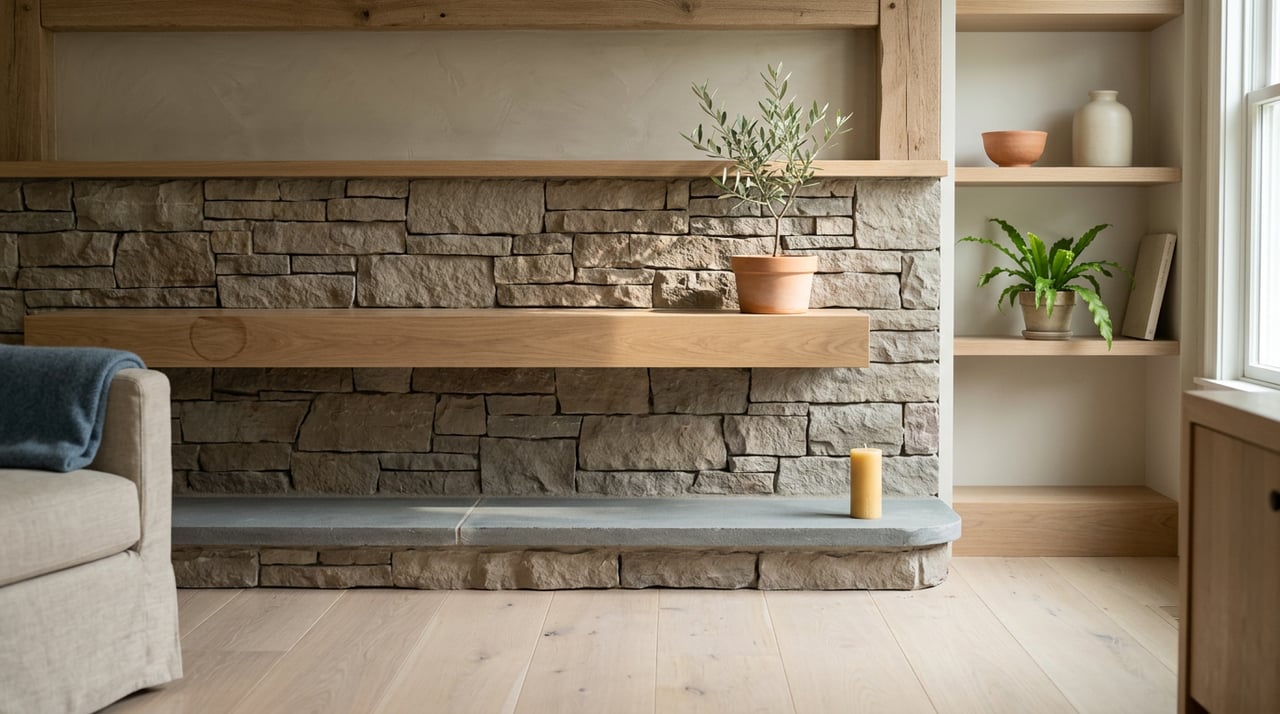 Stone fireplace with a white oak mantel, terracotta olive pot, and blue throw draped over a chair.