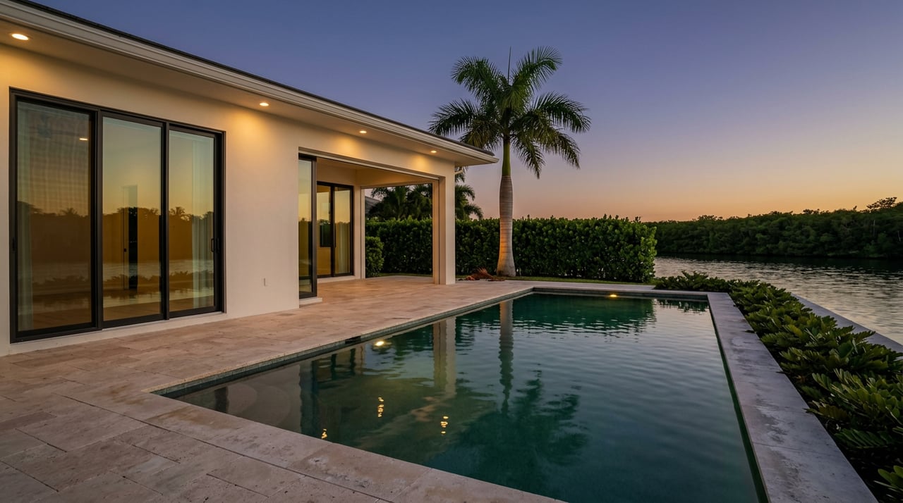 Waterfront home and pool at dusk, framed by a palm, clipped hedge, and warm lights.