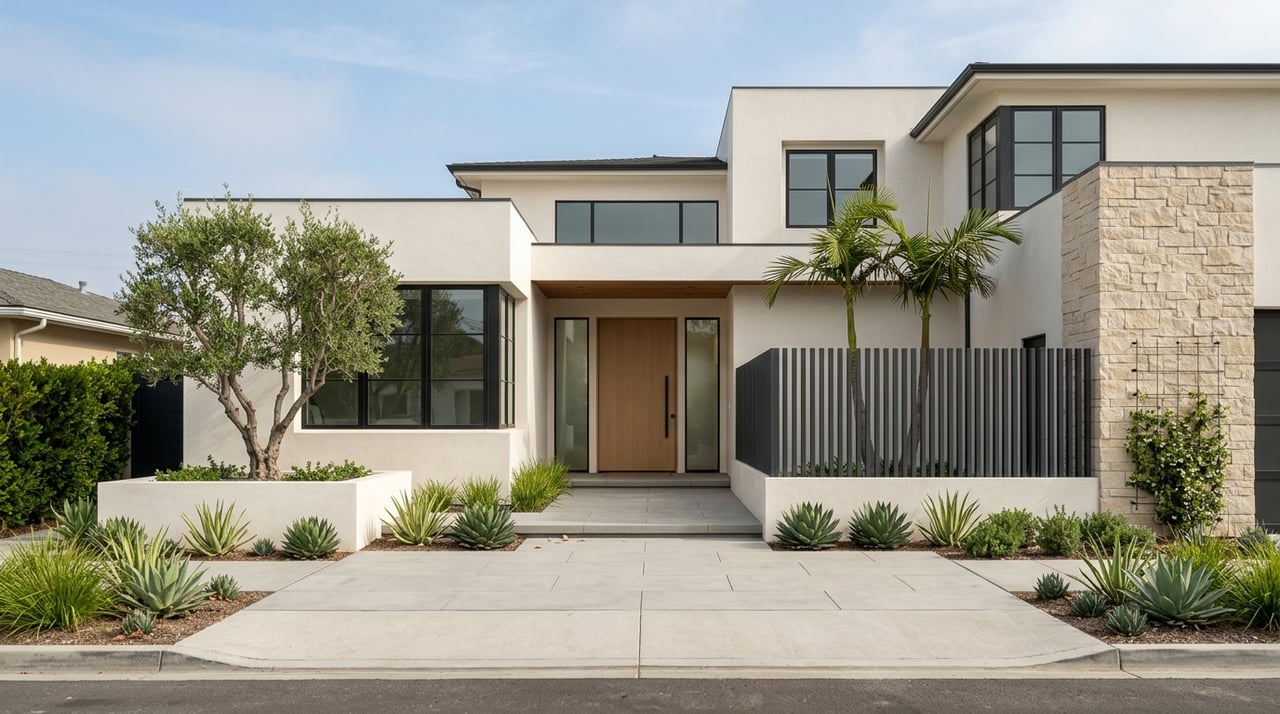 Coastal-contemporary luxury home with a prominent front entry and drought-aware landscaping.
