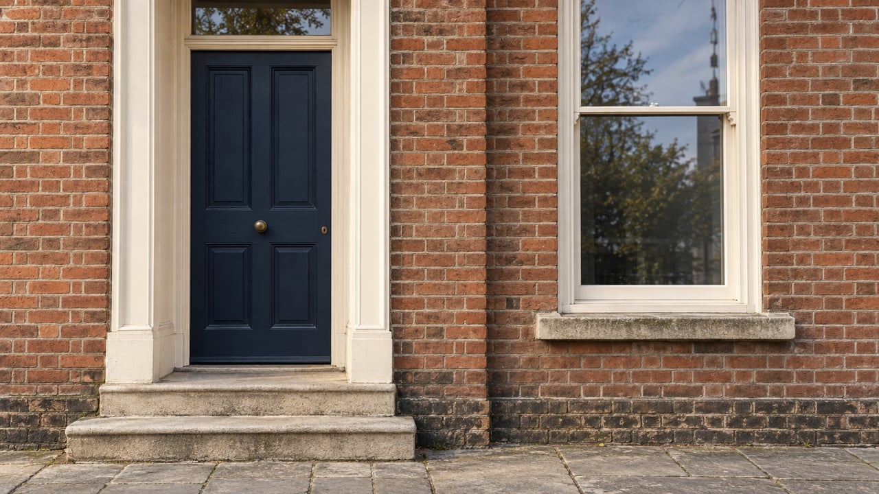 Red-brick townhouse entrance with a navy paneled door, two limestone steps, and a tall sash window.