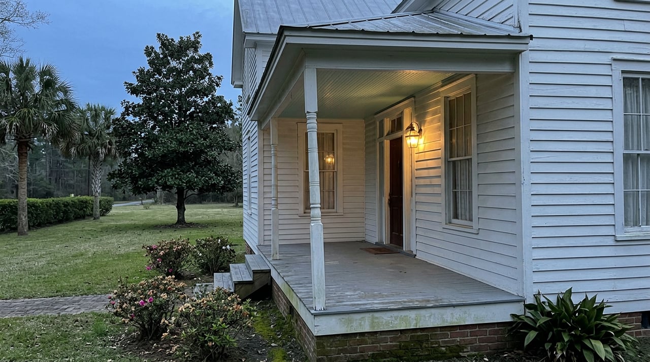 Covered porch with white siding, blue-green ceiling, and a glowing brass lantern beside the entry door at dusk.