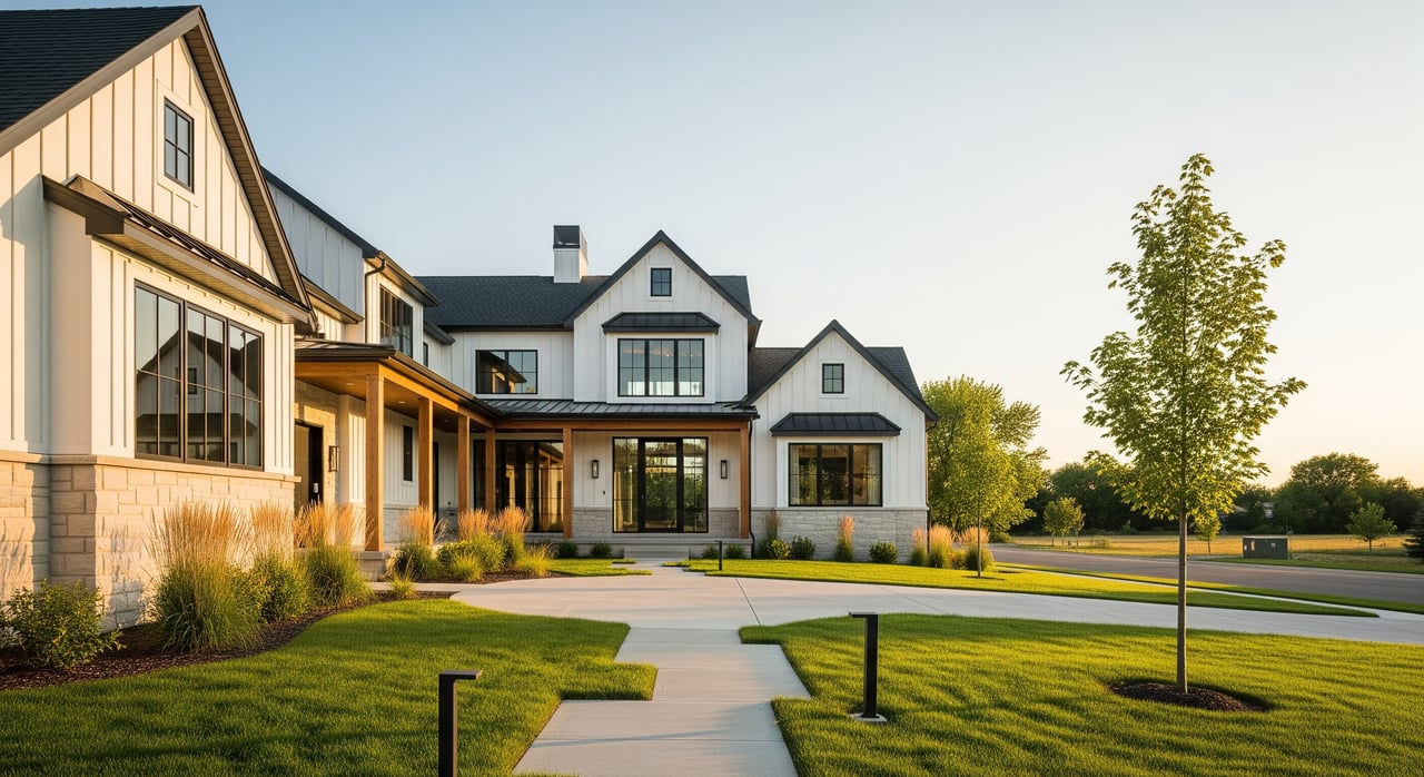 Modern white house with black gabled roofs, broad lawn, concrete walkway, and a young tree.