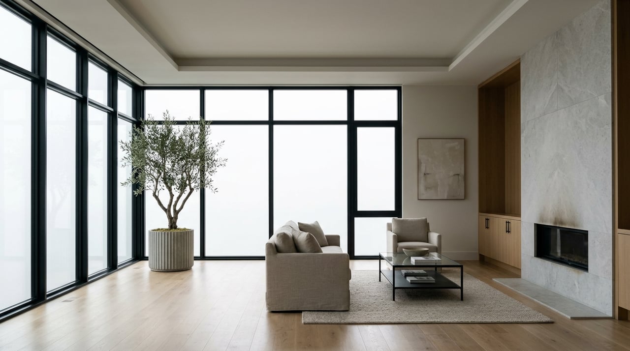High-rise great room with floor-to-ceiling windows, pale stone fireplace, and a potted olive tree.
